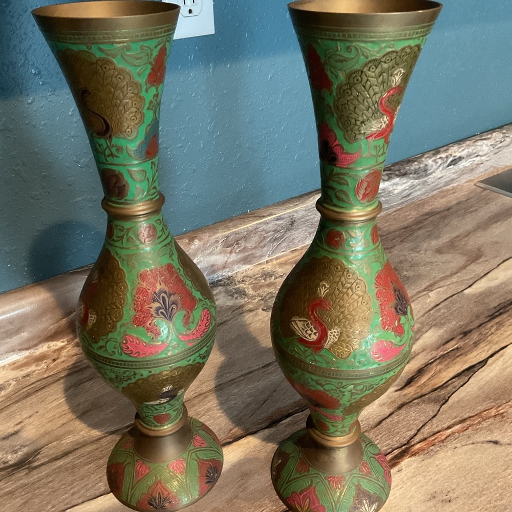 Vintage Two 16 Inch Brass Vaseess with A Unique Paint Design